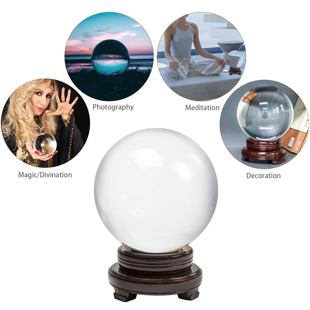 bimiti 5.9" Clear Crystal Glass Ball; 150mm Large Glass Marbles Sphere Magic Witch Ball with Wood Stand for Gift