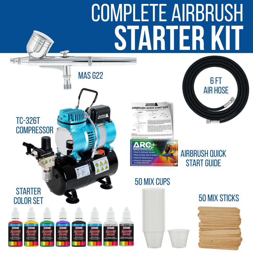 Master Airbrush Dual Exhaust Air Storage Tank Compressor Kit with Gravity Feed Airbrush; 6 Color Acrylic Paint Artist Set