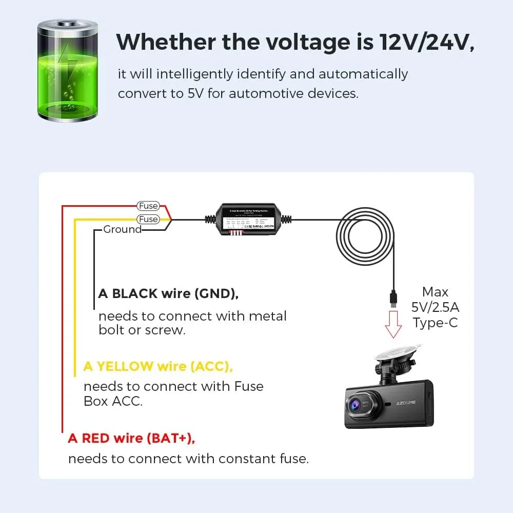 AZDOME JYX05 Dash Cam Hardwire Kit; USB Type C Hard Wire Kit for M27 M330 PG16S-3CH M580 M560-3CH PG19X Dashcam;
