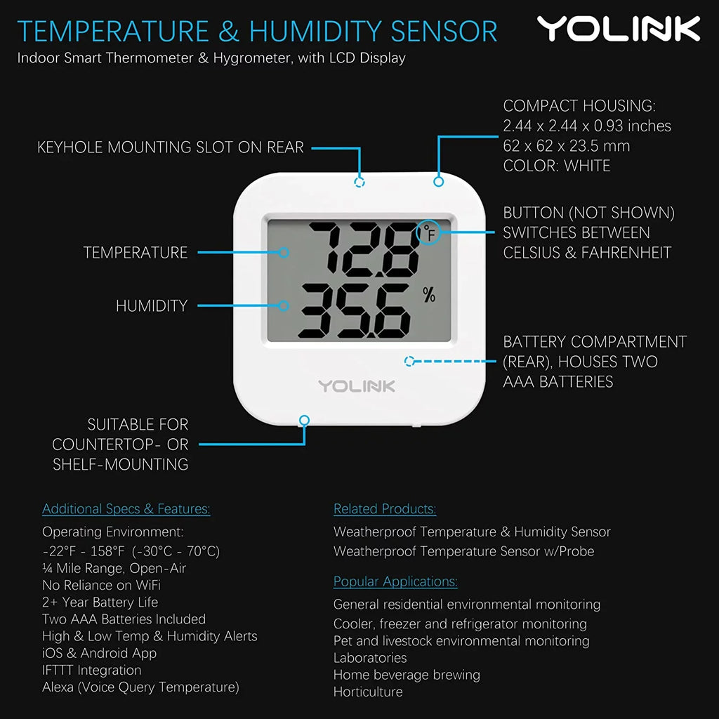 Smart Wireless Temperature / Humidity Sensor Wide Range (-22 to 158 degrees) for Freezer Fridge Monitoring Pet Cage/Tank Monitoring Smartphone Alerts; Works with Alexa IFTTT; 2 Pack - Hub Included