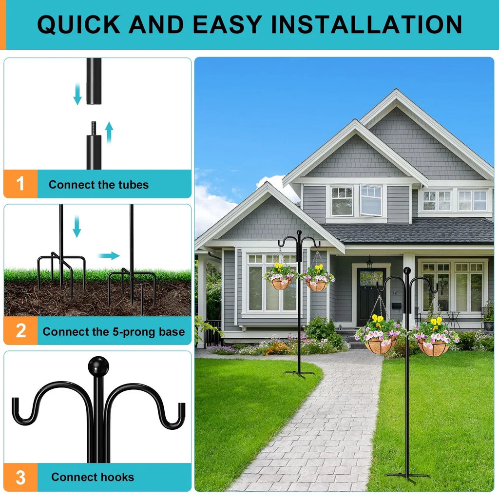 Shepherds Hooks for Outdoor; 76" Double Bird Feeder Poles with 5 Prongs; Upgraded Outdoor Plant Hanger Hooks for Bird Feeder; Plant Baskets(2 Pack)