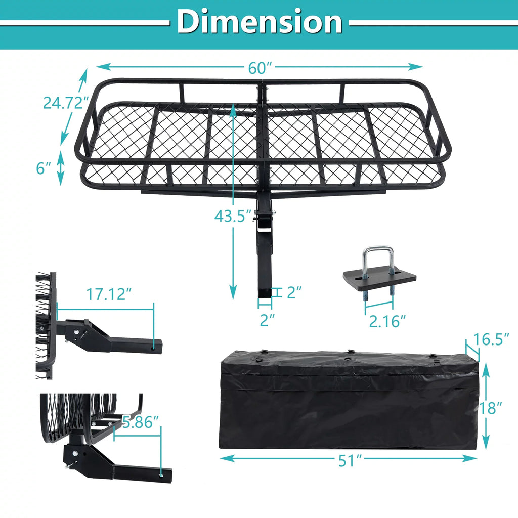 60" x 24" x 6" Hitched Mounted Folding Cargo Basket with a 500 lb Capacity for Car SUV Truck Trailer; Black