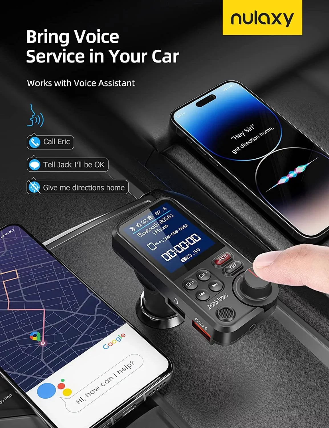 FM Bluetooth Transmitter for car; Strong Microphone Bluetooth Car Adapter with 1.8" Color Screen for Hands Free Calls; Supports QC3.0 Charging; Treble and Bass Sound Music Player- KM30