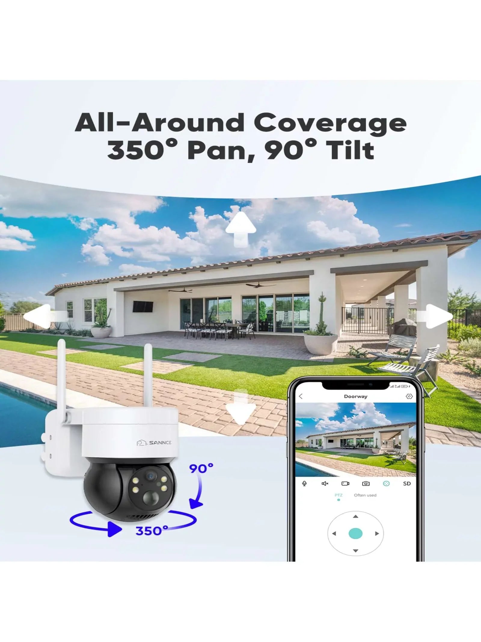 SANNCE Solar Security Cameras Wireless Outdoor; 2K Battery Powered WiFi Camera for Home Security; 360°PTZ Surveillance Camera with Solar Panel; Color Night Vision; 2 Way Audio; Motion Detection
