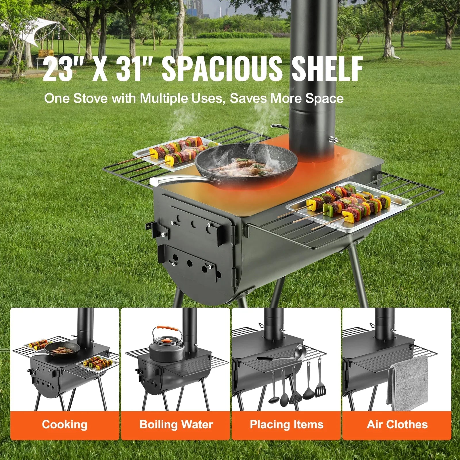Portable Wood Stove Camping Hot Tent BBQ Stove 118 in for Outdoor w/ Hoses