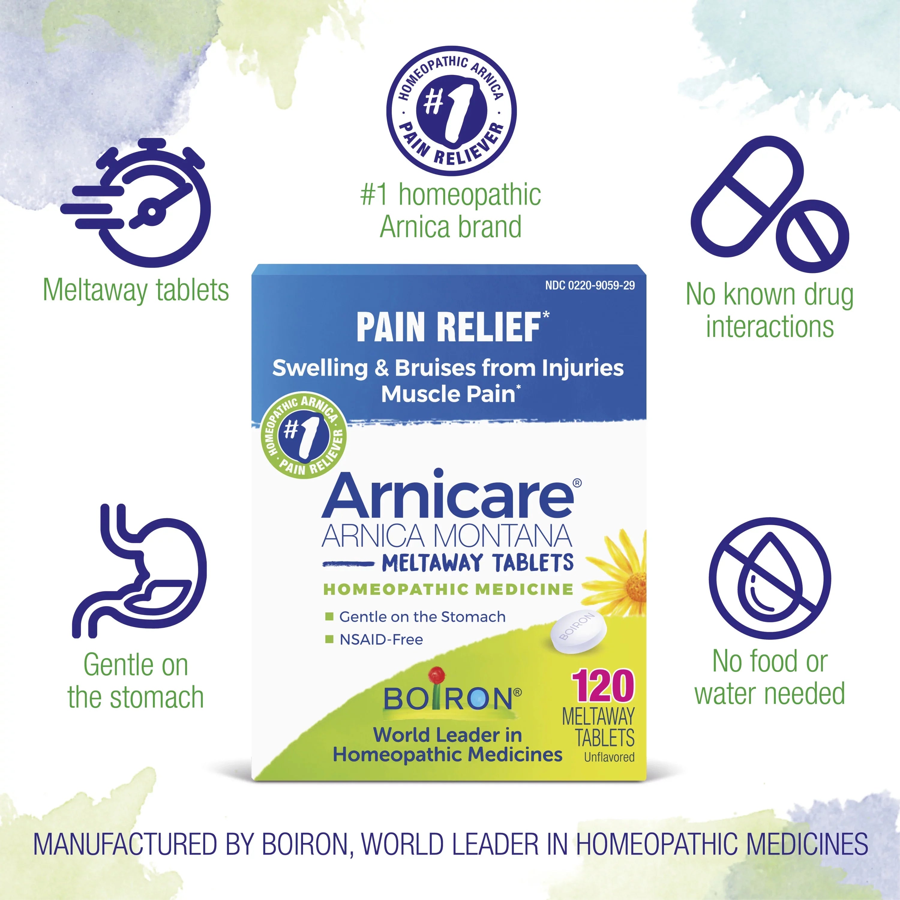 Boiron Arnicare Tablets; Homeopathic Medicine for Pain Relief; Swelling & Bruises from Injuries; and Muscle Pain; 120 Meltaway Tablets