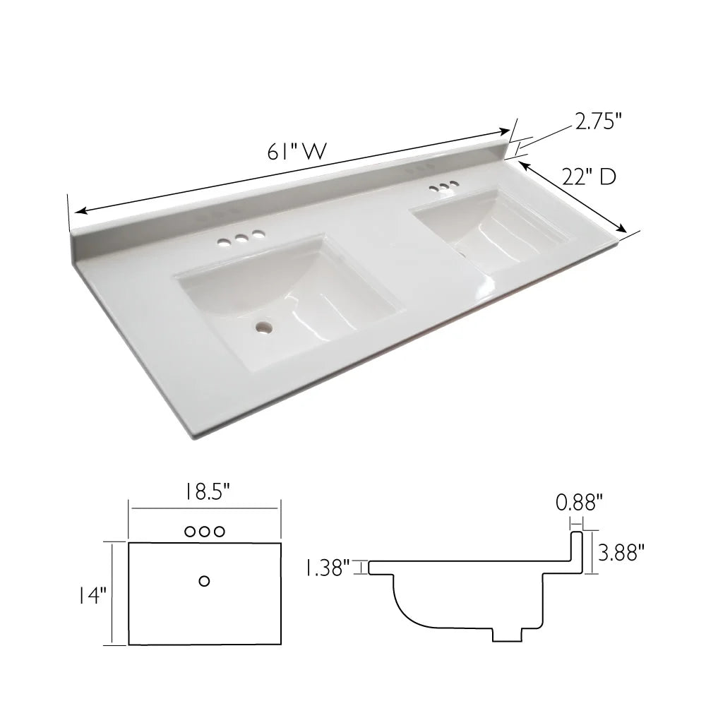 Design House 557678-WHT 61-inch Camilla Cultured Marble Centerset Mount Rectangle Double Bowl Vanity Top with Integrated Backsplash; Solid White