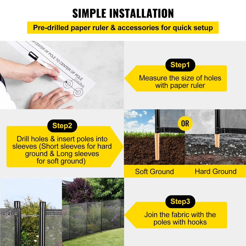 Pool Fencing Mesh; 4 x 12 ft Swimming Pool Fence; 1000D Fabric Removable Pool Fence with Aluminum Poles and Foot Tubes; Breathable Pool Fences for Inground Pools for Security and Privacy