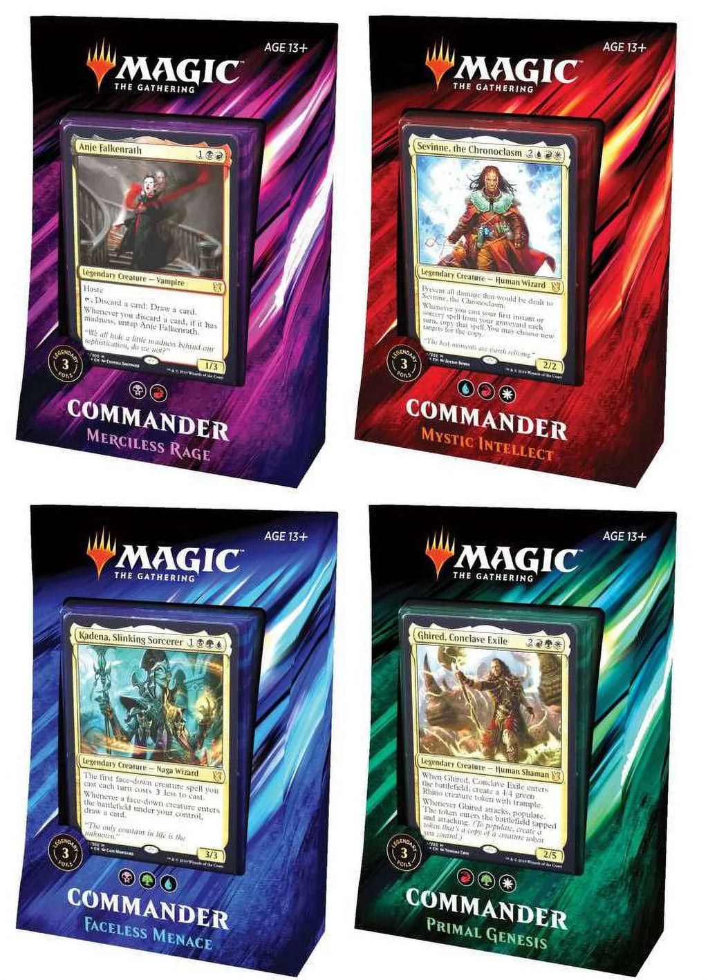 Magic The Gathering Commander 2019 Set of 4 Decks (Primal Genesis; Faceless Menace;Mystic Intellect; & Merciless Rage)