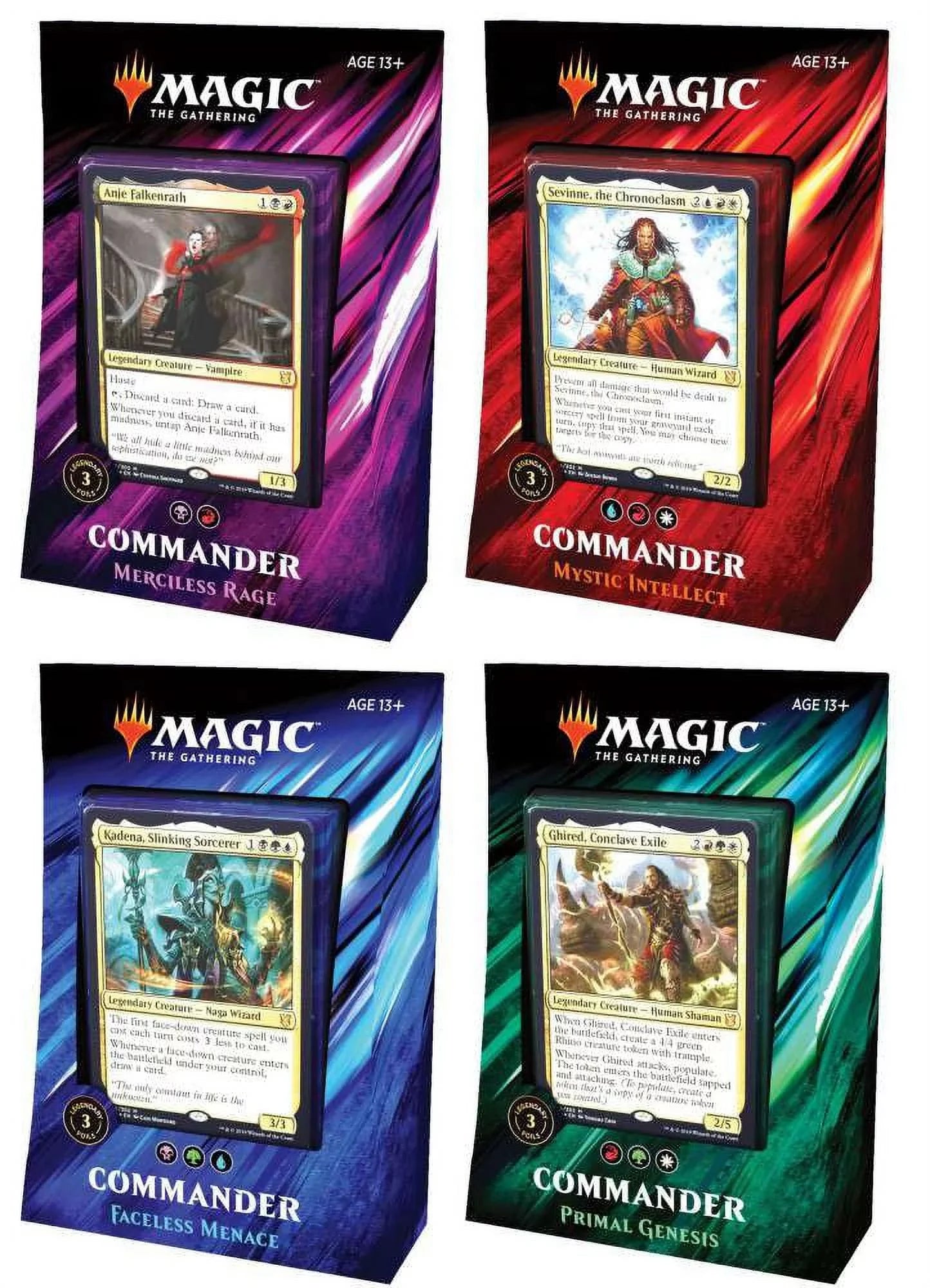 Magic The Gathering Commander 2019 Set of 4 Decks (Primal Genesis; Faceless Menace;Mystic Intellect; & Merciless Rage)