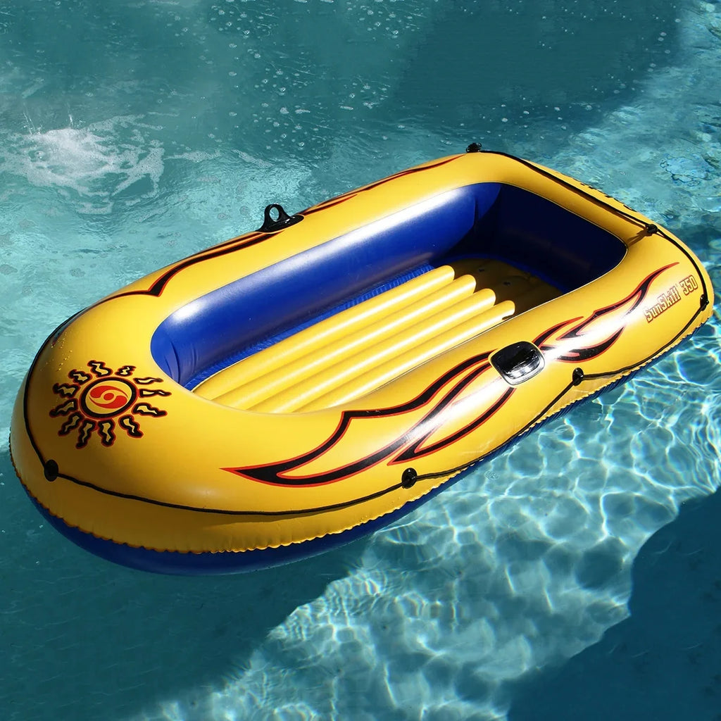 SOLSTICE Inflatable Boat Rafts 3 Person for Adults & Kids Comes W/ Pole Oar Holders Cushioned Comfortable Base Grab Line 8 Ft Size Sunskiff Kits Dinghy Air Floor Yellow