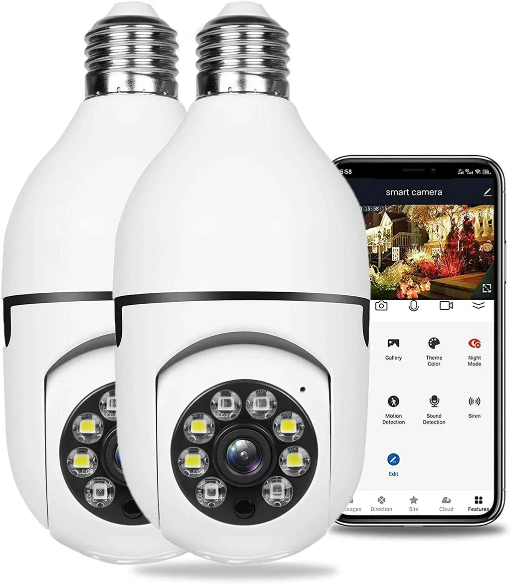 Light Bulb Camera; 1080P Wi-Fi E27 Security Camera; 360 Degrees Outdoor Surveillance Camera; Full-Color Camera Mobile Phone Remote View and Night Vision(2 PCS)