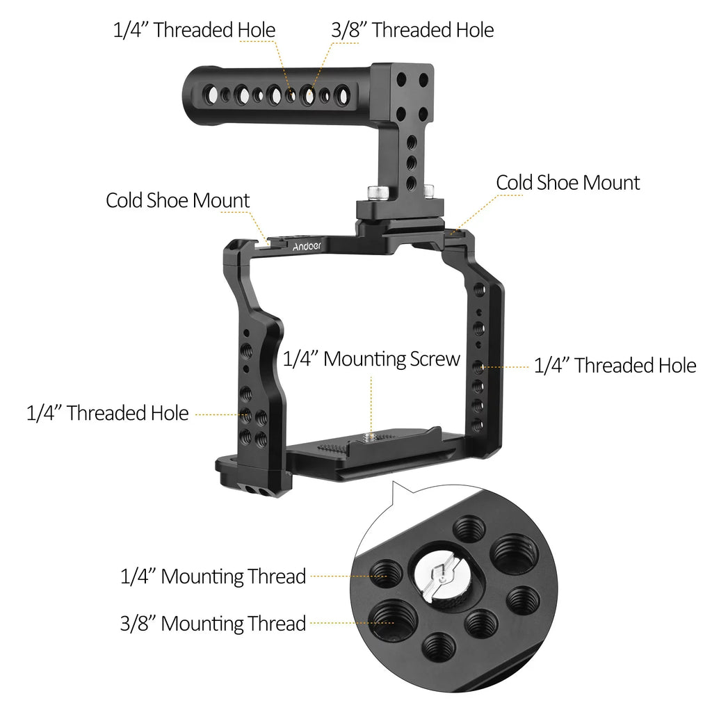 Andoer Camera Video Cage + Handle Kit Aluminum Alloy with Dual Cold Shoe Mounts Numerous 1/4 foot Threads Replacement for Sony A7IV/ A7III/ A7II/ A7R III/ A7R II/ A7S II