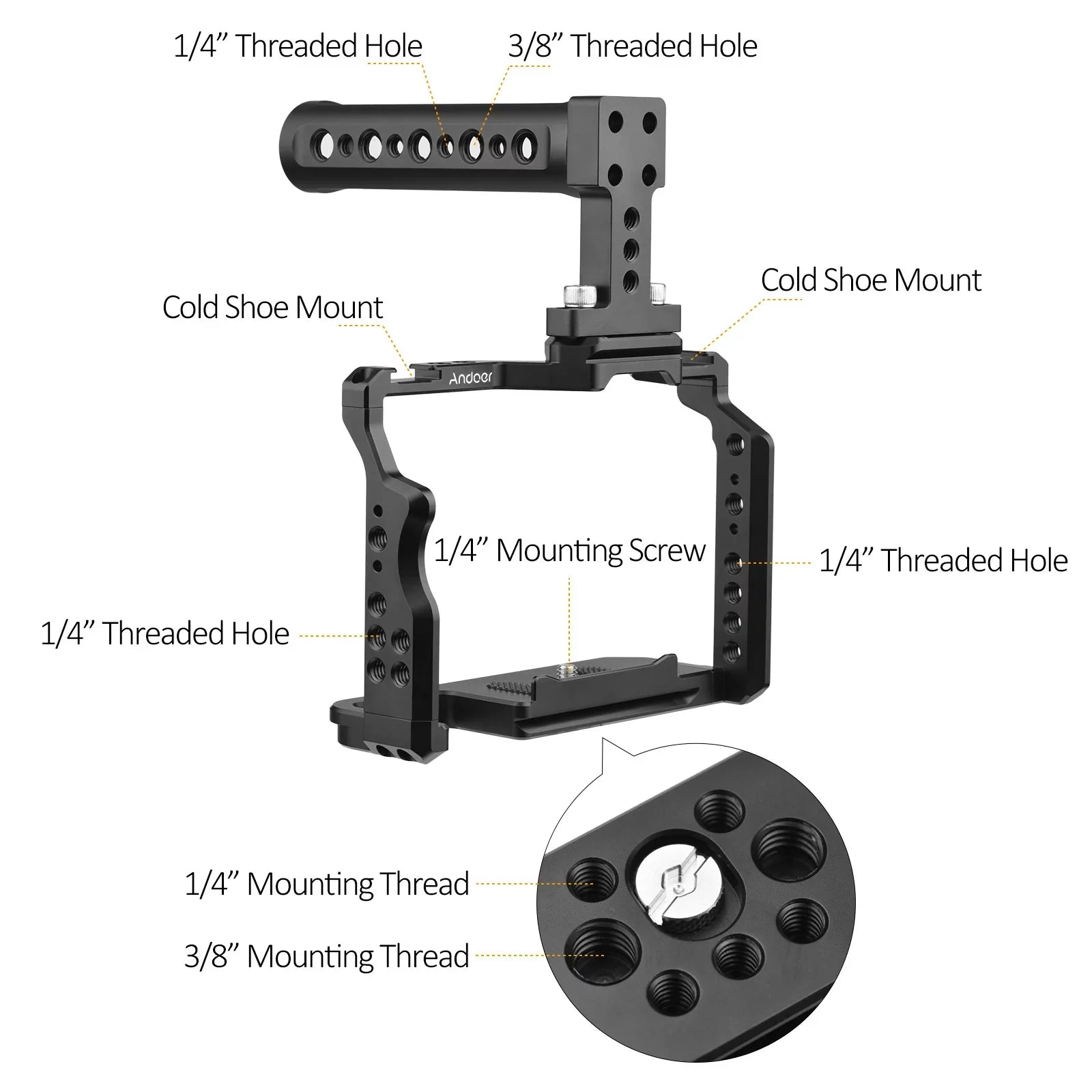 Andoer Camera Video Cage + Handle Kit Aluminum Alloy with Dual Cold Shoe Mounts Numerous 1/4 foot Threads Replacement for Sony A7IV/ A7III/ A7II/ A7R III/ A7R II/ A7S II