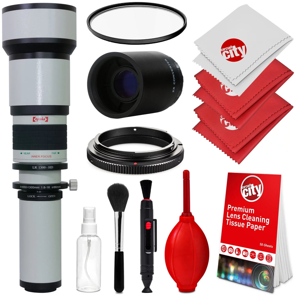 Opteka 650-1300mm (with 2x- 1300-2600mm) f/8 Manual Telephoto Lens + UV for Sony a7r; a7s; a7; a6300; a6000; a5100; a5000; a3000; NEX-7; NEX-6; NEX-5T; 5N; 5R; 3N and other E-Mount Digital SLR Cameras