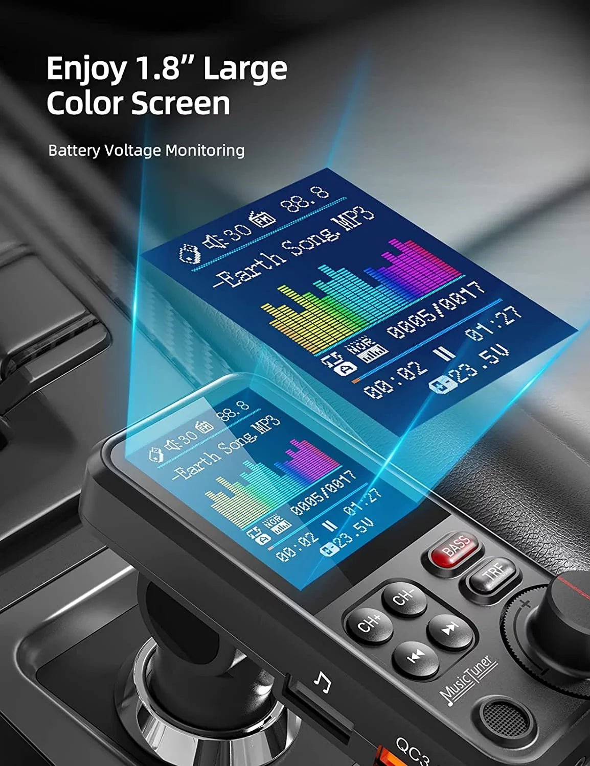FM Bluetooth Transmitter for car; Strong Microphone Bluetooth Car Adapter with 1.8" Color Screen for Hands Free Calls; Supports QC3.0 Charging; Treble and Bass Sound Music Player- KM30