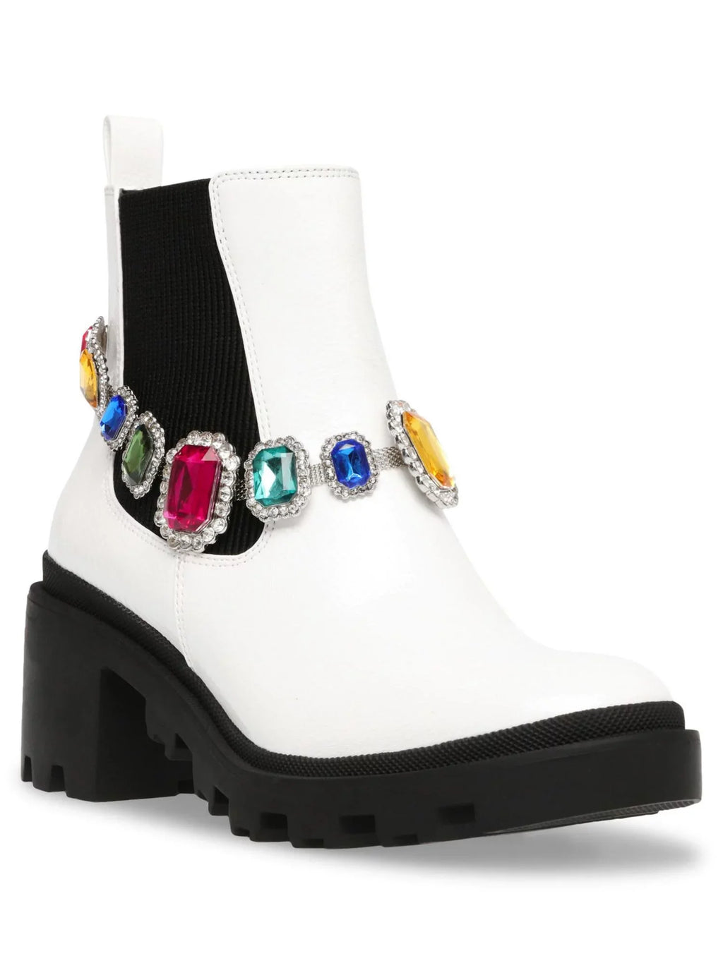 BETSEY JOHNSON Womens White Gem Accent Strap Pull Tab 1" Platform Goring Padded Jenesis Round Toe Block Heel Moto 7 M