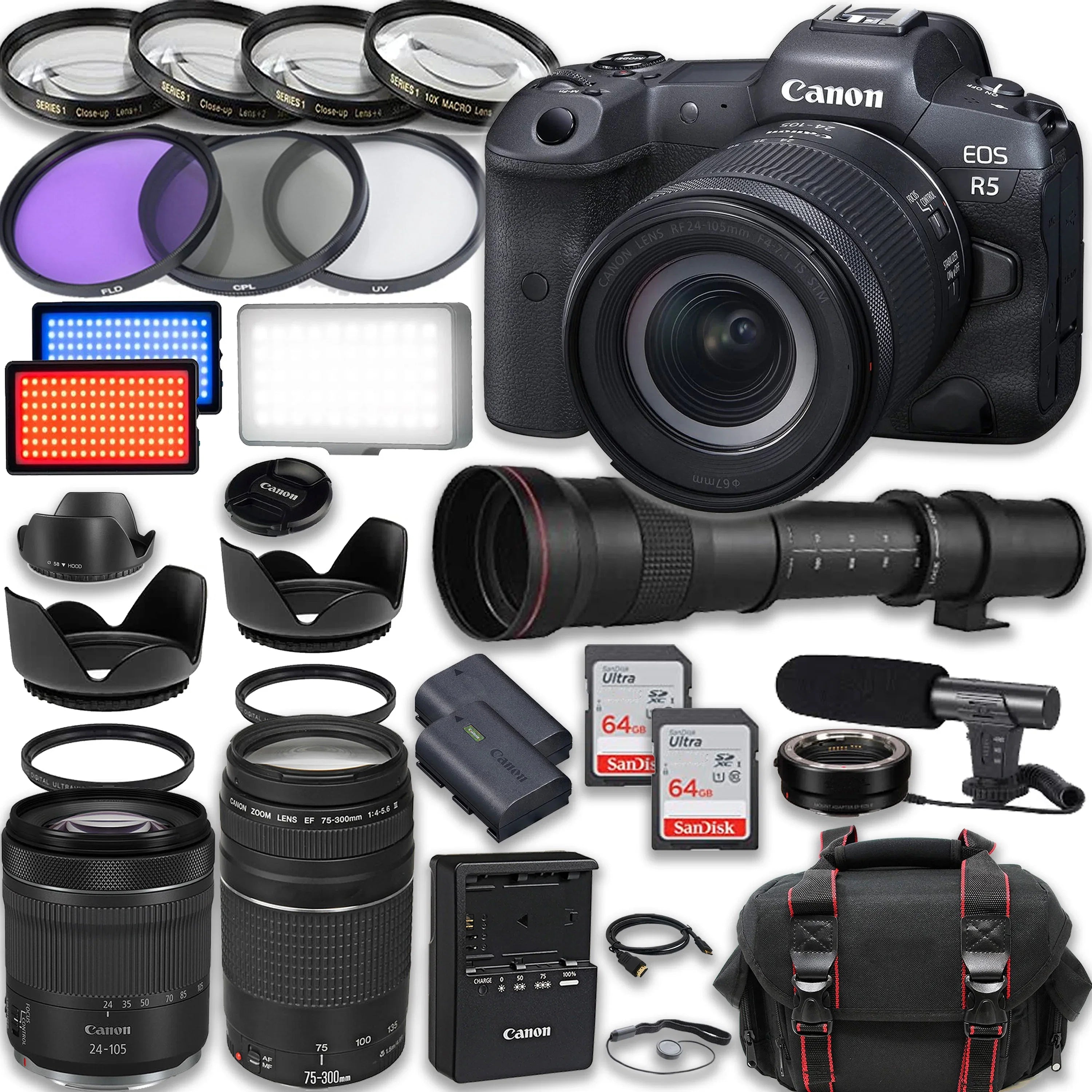 Canon EOS R5 Full Frame Mirrorless Camera with RF 24-105mm STM & 75-300mm III + 420-800mm HD Lenses; Accessories: 2X 64GB Memory Cards; LED Video Light; Microphone; Extra Battery; Case & More