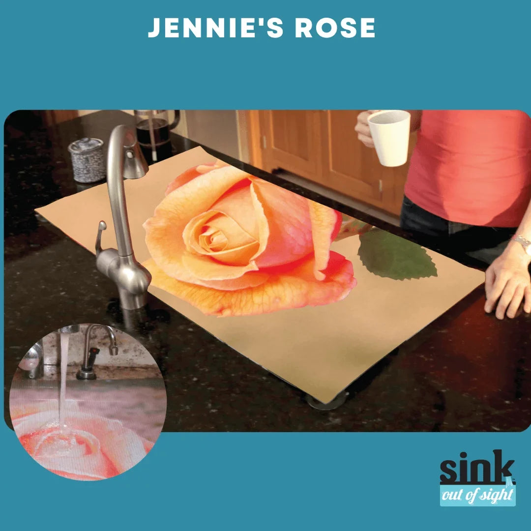 Sink Out of Sight- Home Décor Kitchen Sink Cover; Hot/Cold Liquids and Debris pass through cover; 5 Designs; 2 adjustable sizes. Design: Jenny's Rose Size 39.5"X20" for double sink coverage -SK2-JR2-a