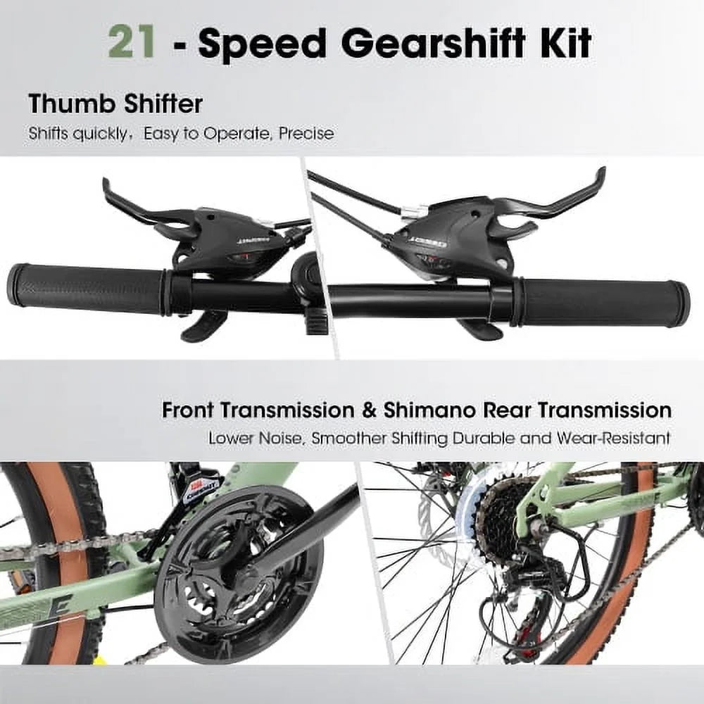 A24301 Ecarpat Mountain Bike 24 millimeter Wheels; 21-Speed Mens Womens Trail Commuter City Mountain Bike; Carbon steel Frame Disc Brakes Thumb Shifter Front Fork Bicycles