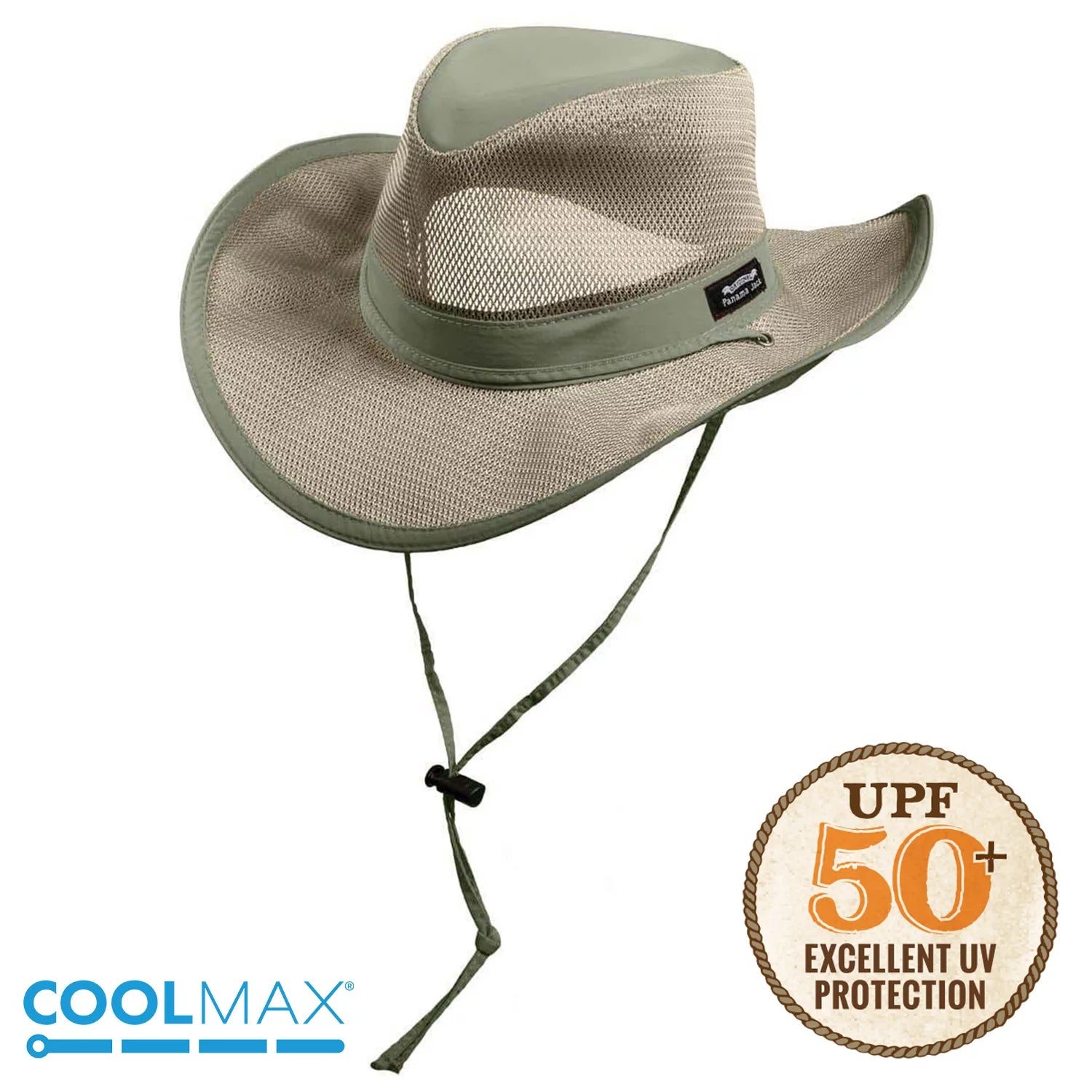 Panama Jack Mesh Crown Safari Sun Hat; 3" Brim; Adjustable Chin Cord; UPF (SPF) 50+ Sun Protection (Fossil; Large)