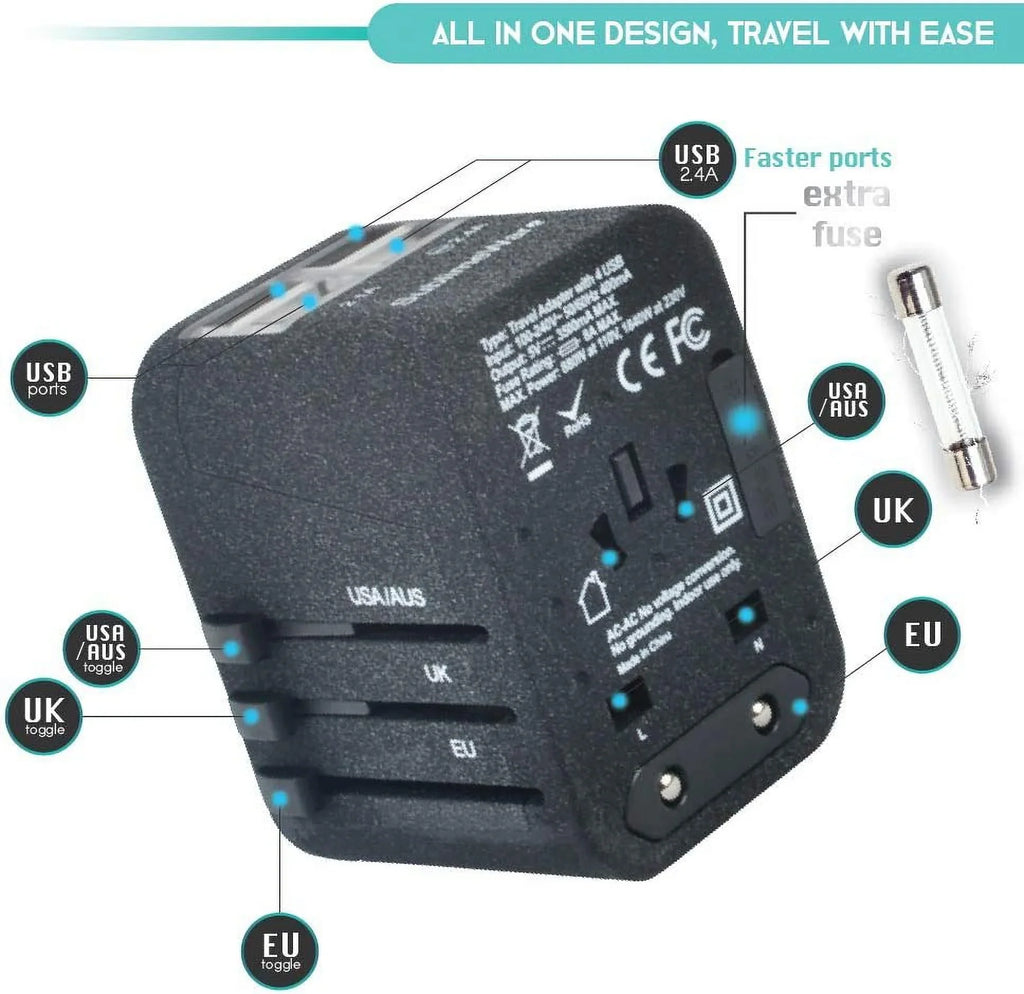 International Power Adapter for Travel (SandBlack) - 4 USB European Plug Adapter for 150+ Countries - for Europe UK America China Ireland Italy - Smart Charging 2.4A Travel Adapters by Sublimeware