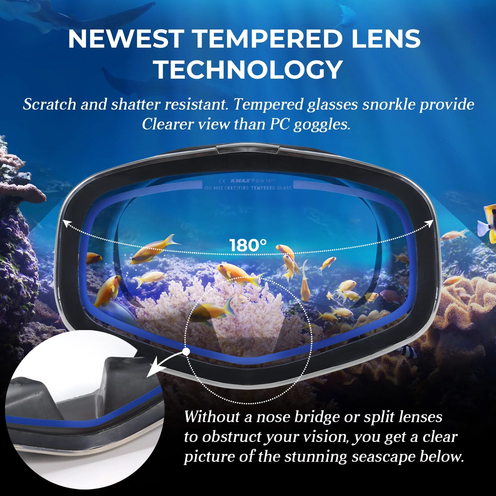 Hanway Adva Snorkel Mask – Tempered Glass Diving Goggles - Scuba Mask for Professional Diving and Snorkeling – Adjustable Buckle Silicone Molding Swimming Mask-Blue