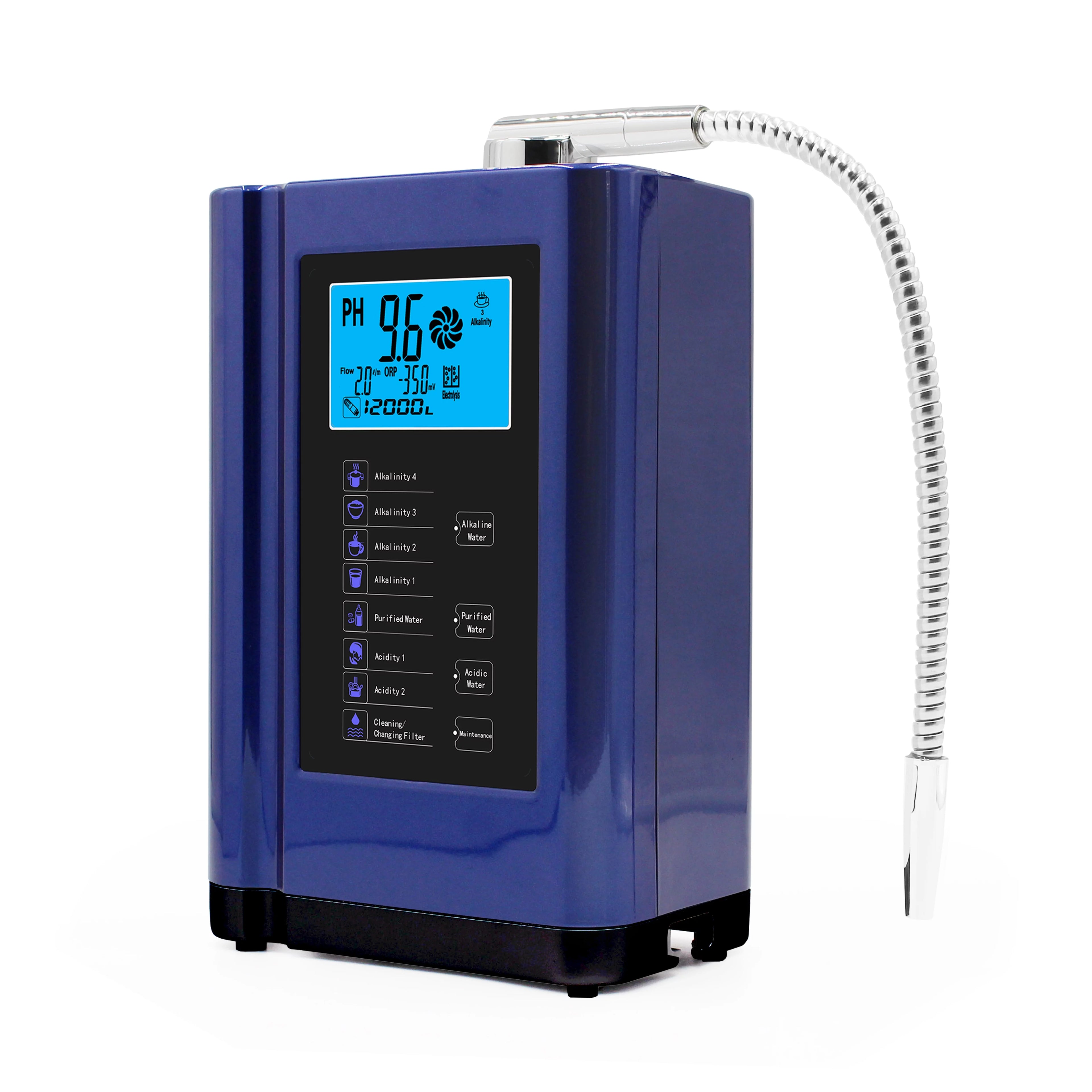 Alka Ionizer; Purifier System PH 3.5-10.5 Alkaline Acid System;Up to -500mV ORP; 8000 Liters Per Filter;7 Settings;Auto-Cleaning;Intelligent Voice (blue )