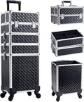 Joligrace 4 in 1 Aluminum Rolling Makeup Case with Wheels Cosmetic Train Case Trolley Box Salon Barber Case