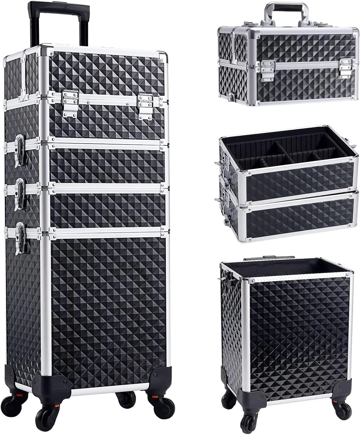 Joligrace 4 in 1 Aluminum Rolling Makeup Case with Wheels Cosmetic Train Case Trolley Box Salon Barber Case