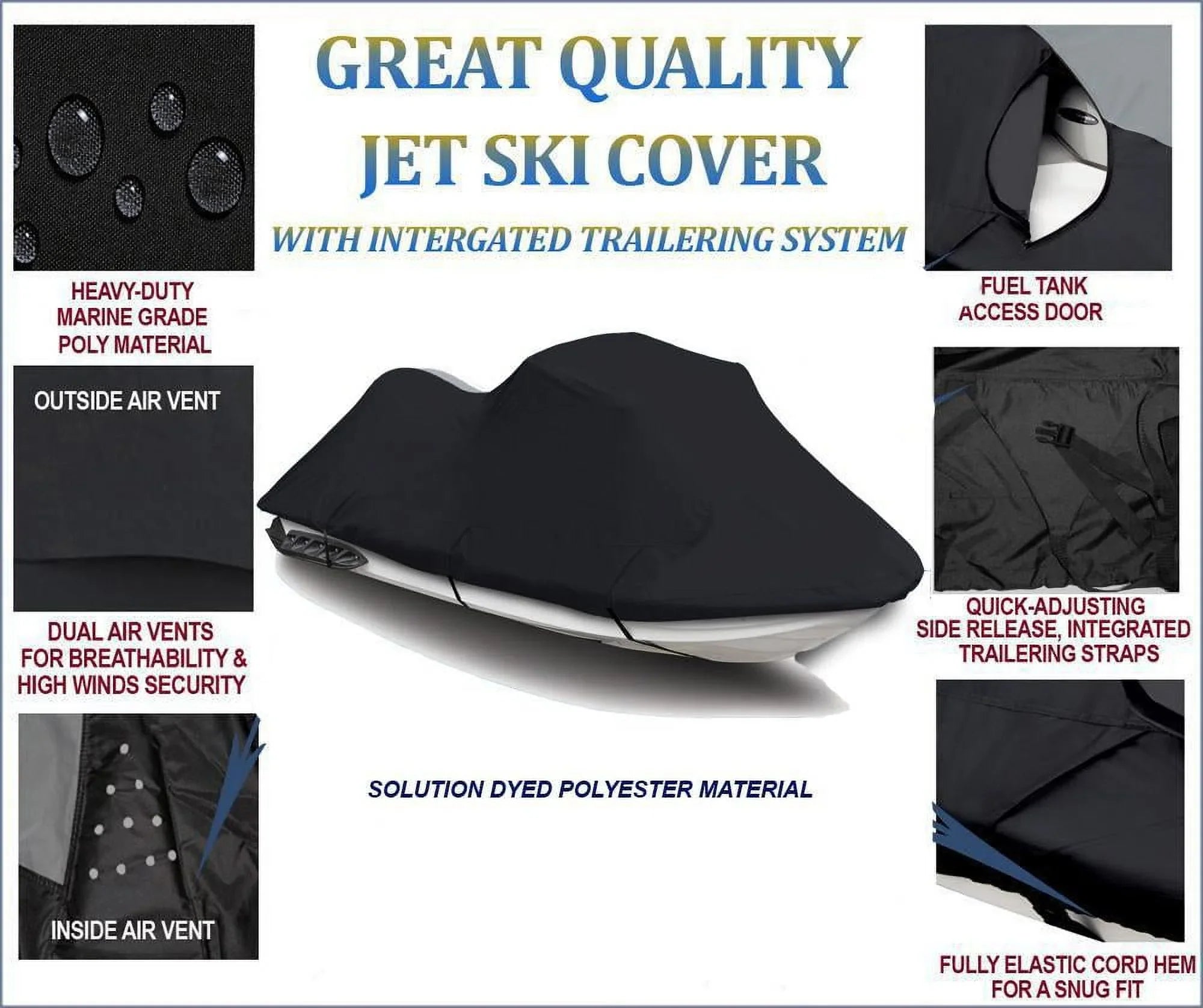 BLACK 600 DENIER JetSki Cover Compatible for Jet Ski PWC Fluidcraft Cover Polaris SL 700 DLX 1997 1-2 Seater