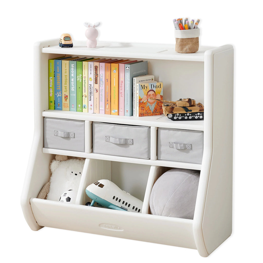 The Montessori Toy Storage Organizer by Fortella; with Bookshelf; Display Shelf; 3 Large Bins; and 3 Removable Drawers; Made of BPA and Formaldehyde FREE HDPE; Safe and Modern Toy Box Cabinet for Kids