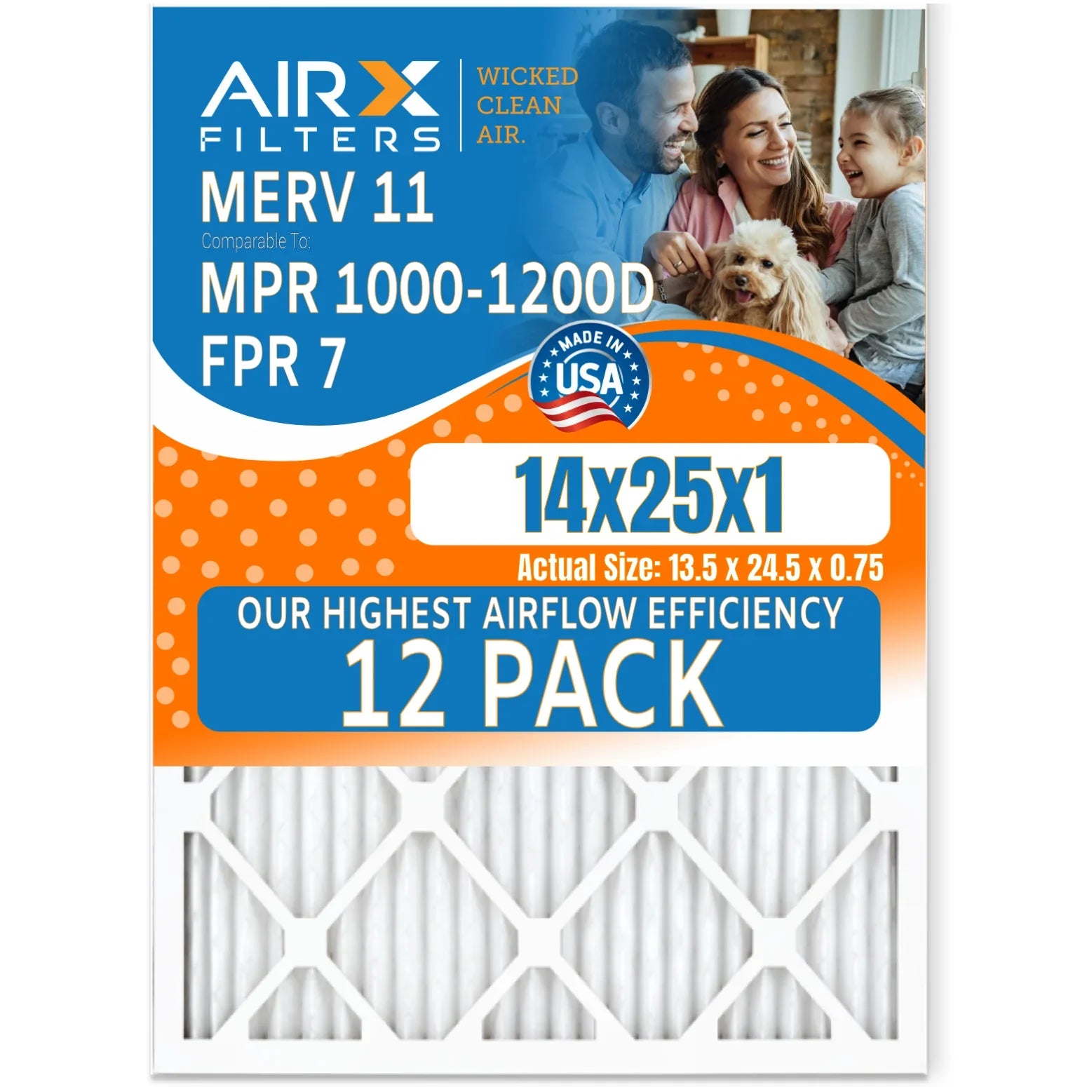 14x25x1 Air Filter MERV 11 Rating; 12 Pack of Furnace Filters Comparable to MPR 1000; MPR 1200; FPR 7; High Efficiency 12 Pack of Furnace Filters Made in USA by AIRX FILTERS WICKED CLEAN AIR.