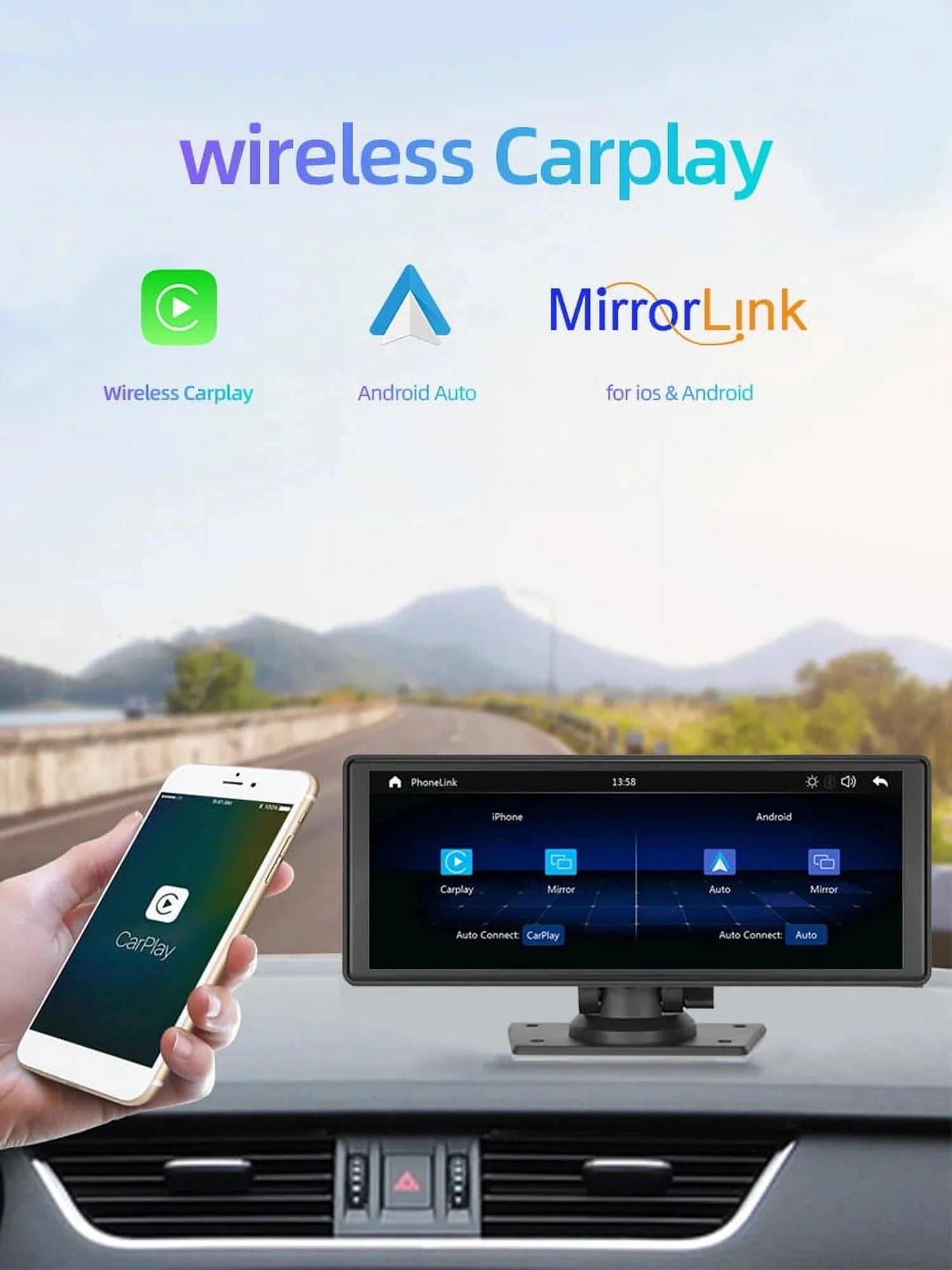 Polarlander 9.3" Wireless Carplay & Android Auto Portable Car Stereo; Front Dash Cam; Backup Camera; Bluetooth Hands-Free Calling; HD IPS Touchscreen;Supports Most Cars