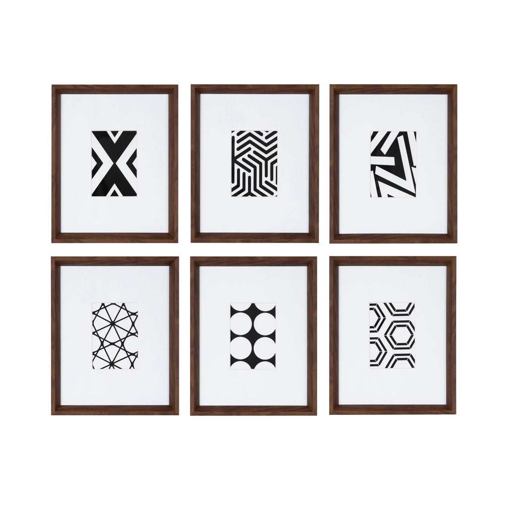 Kate and Laurel Calder Modern Framed Abstract Art Prints; Set of 6; Walnut Brown; Mid-Century Wall Decor for Display