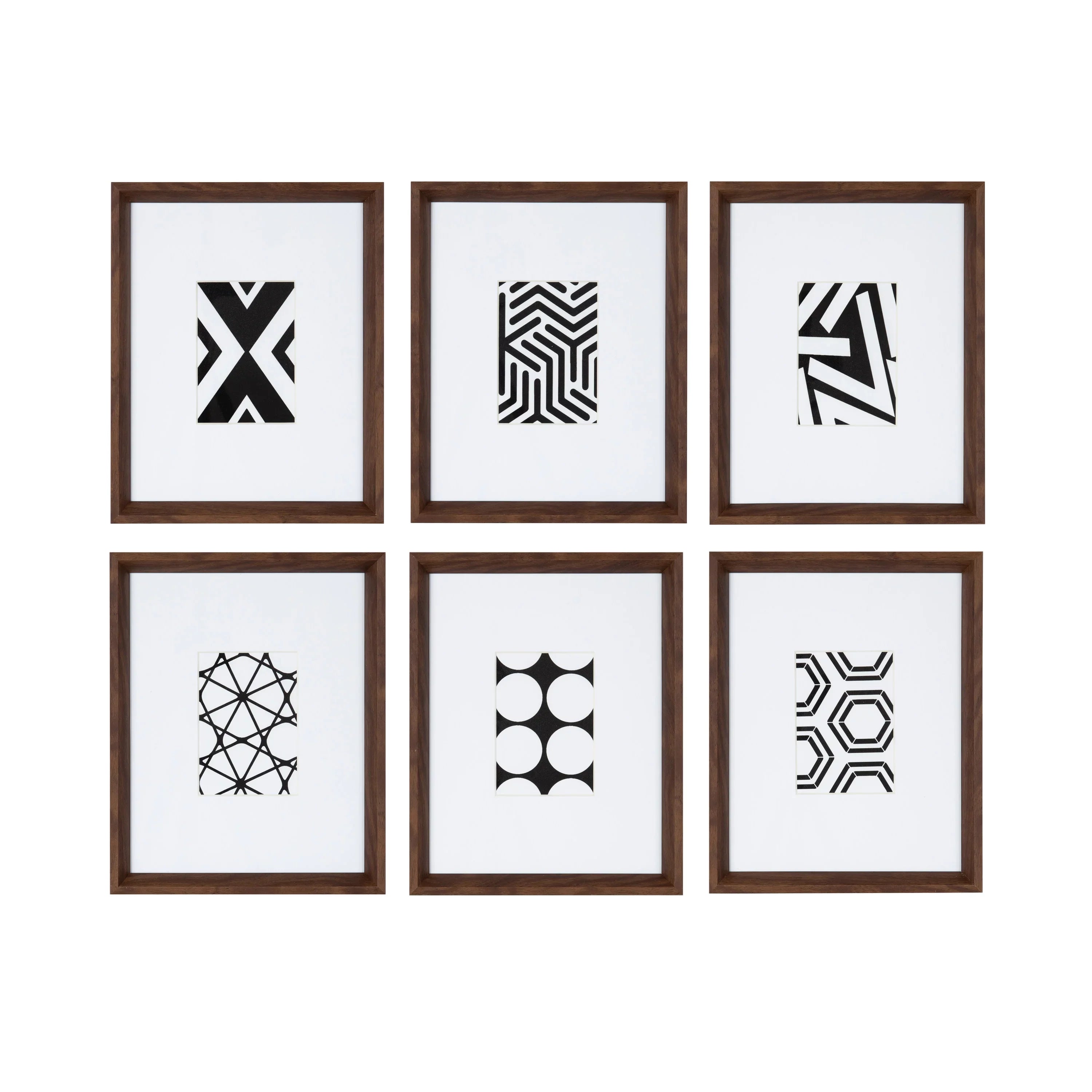 Kate and Laurel Calder Modern Framed Abstract Art Prints; Set of 6; Walnut Brown; Mid-Century Wall Decor for Display