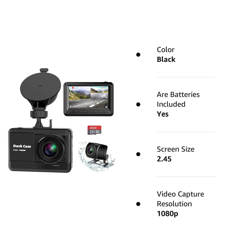 Dash Cam Front and Rear; Mini Dash Cam 1080P Full HD with 32GB SD Card; 2.45 inch IPS Screen; 2 Mounting Ways; Night Vision; WDR; Accident Lock; Loop Recording; Parking Monitor Car;Motorcyle;Balls
