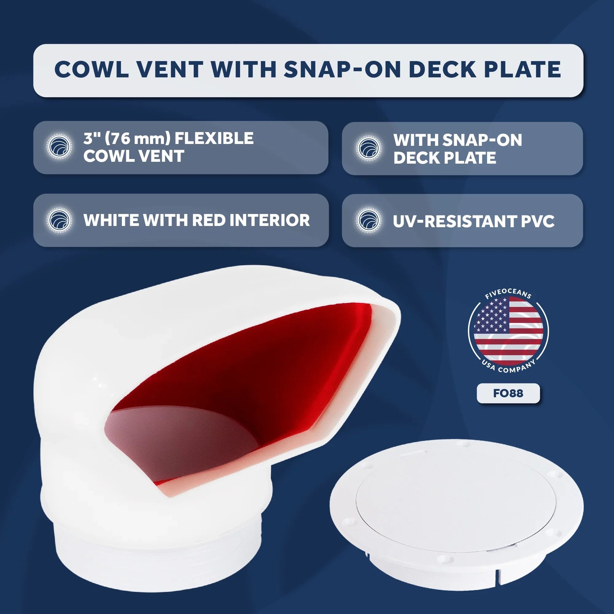 Five Oceans 3-foot Cowl Vent with Snap-On Deck Plate and Cover; Low Profile UV-Resistant and Flexible ; Red Interior; for Air Intake or Cabin Ventilation- FO88