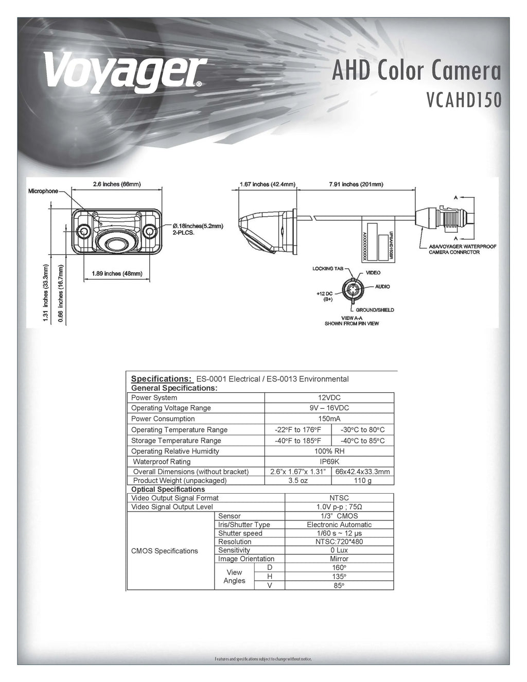 Voyager VCAHD150 Vehicle Surface Mount Heavy Duty AHD Rear Color Camera w/ Night Vision; 160-Degree Viewing Angle; IR LED Low Light Assist; White Impact Resistant Aluminum Housing; IP69K Fluidproof