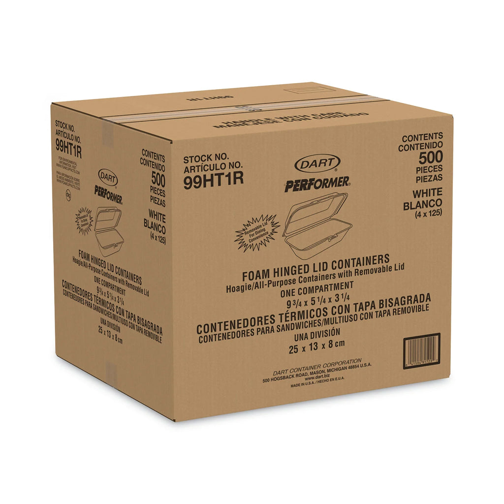 Dart Foam Hinged Lid Container; Hoagie Container with Removable Lid; 5.3 x 9.8 x 3.3; White; 125/Bag; 4 Bags/Carton -DCC99HT1R